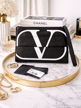 Valentino Garavani VLogo Large Wristlet Clutch – Black/White